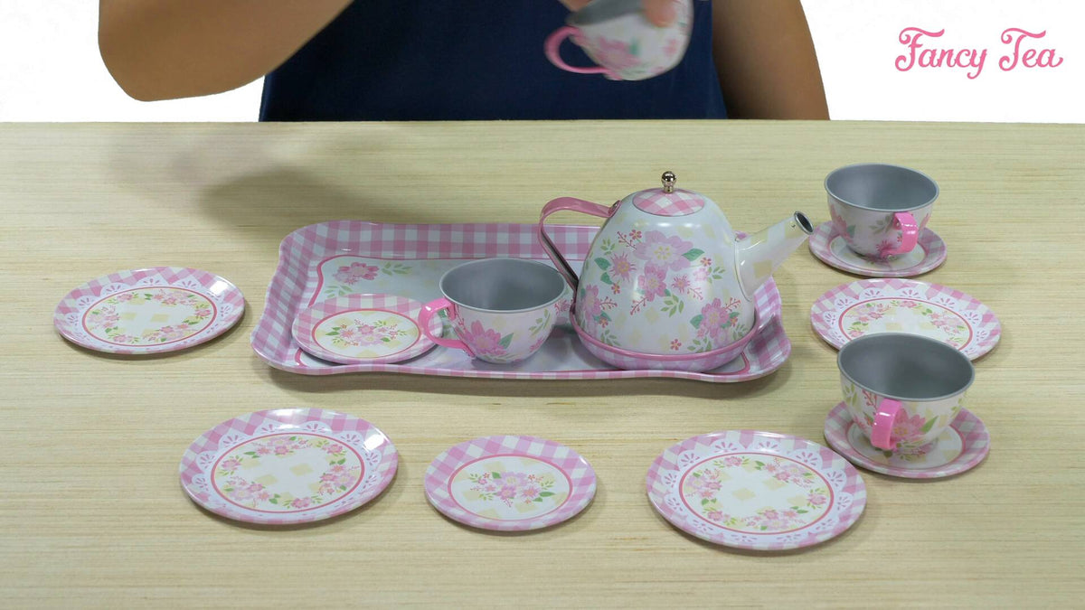 Fancy floral tin tea set